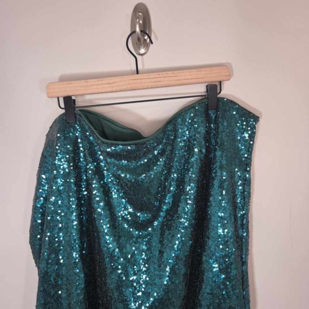 ELOQUII Sequin Midi Skirt 28 Emerald Teal Green Elastic Waist Side Slit Party - Picture 5 of 7